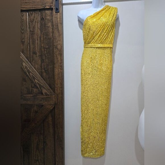 Mac Duggal 26694 Sequined Ruched One Shoulder Gown NWOT size 4 Yellow - Picture 4 of 7